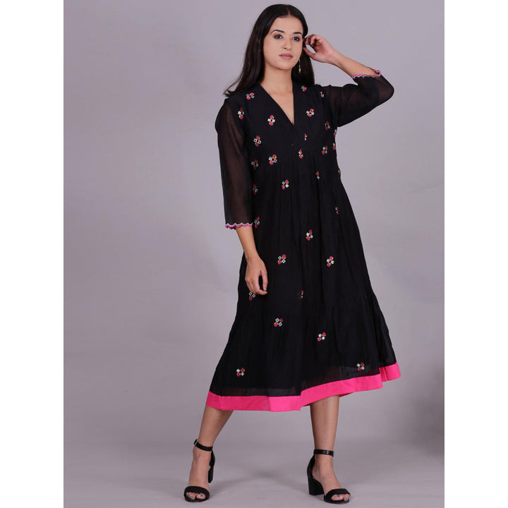 Spring Soul Black Chanderi Gathered Embroidery Dress