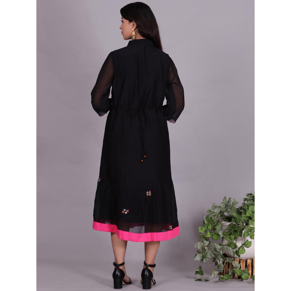 Spring Soul Black Chanderi Gathered Embroidery Dress