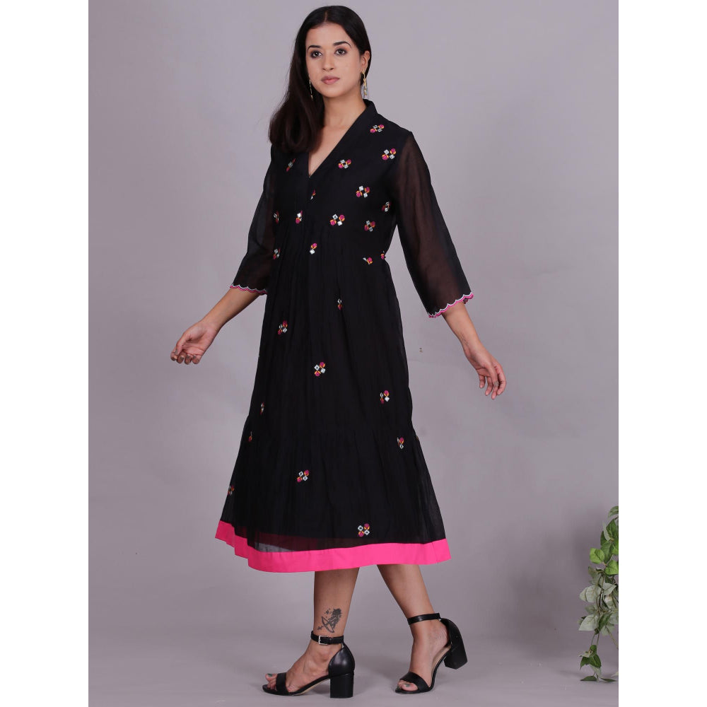 Spring Soul Black Chanderi Gathered Embroidery Dress