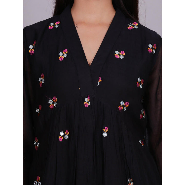 Spring Soul Black Chanderi Gathered Embroidery Dress