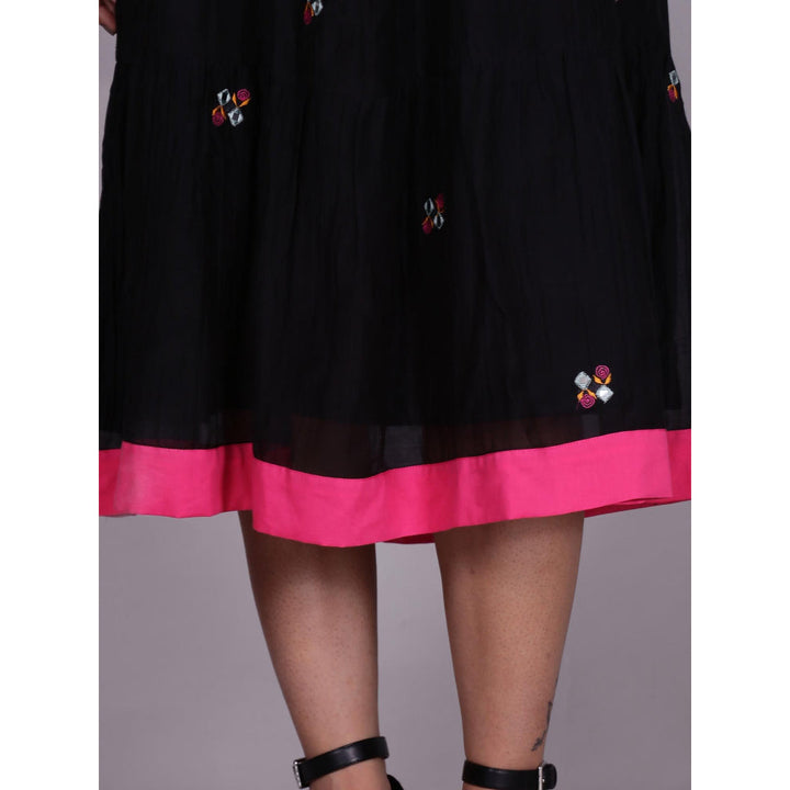 Spring Soul Black Chanderi Gathered Embroidery Dress