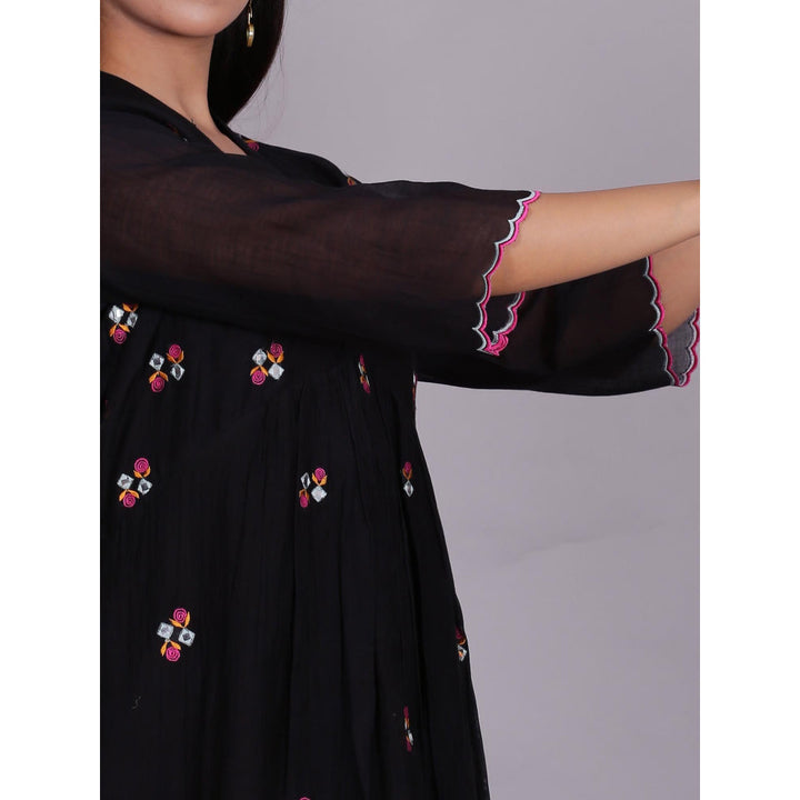 Spring Soul Black Chanderi Gathered Embroidery Dress