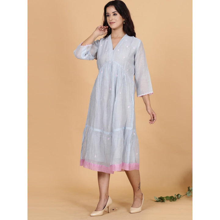 Spring Soul BlueChanderi Gathered Embroidery Dress