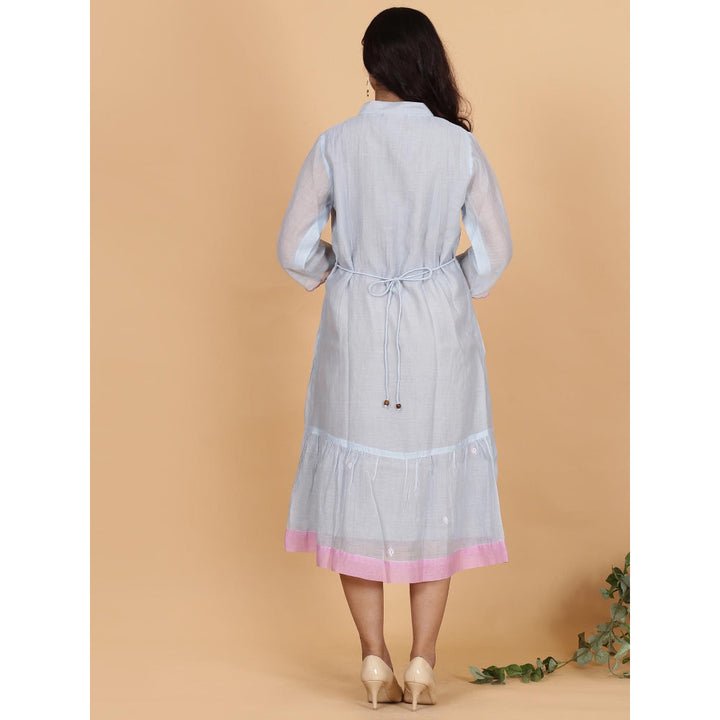 Spring Soul BlueChanderi Gathered Embroidery Dress