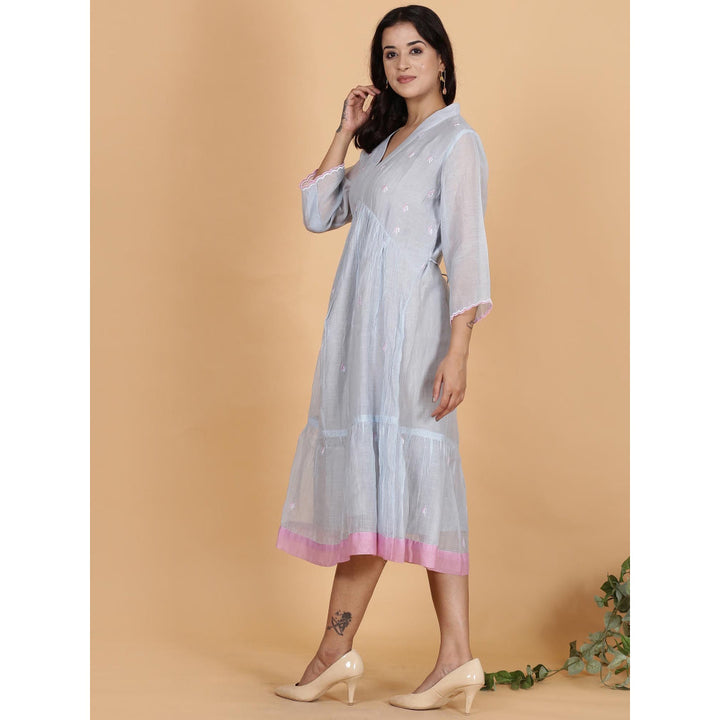 Spring Soul BlueChanderi Gathered Embroidery Dress