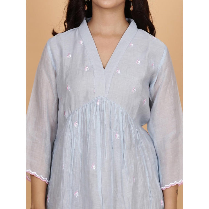 Spring Soul BlueChanderi Gathered Embroidery Dress