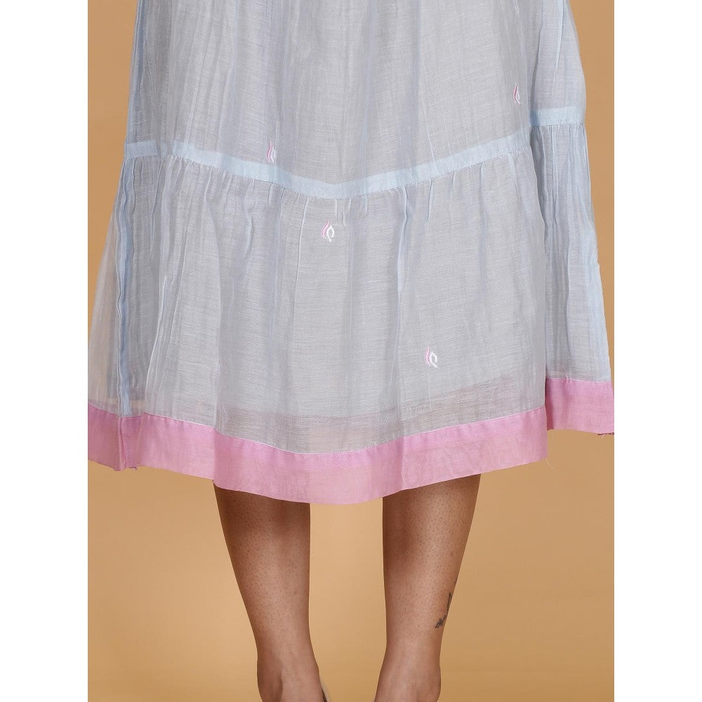 Spring Soul BlueChanderi Gathered Embroidery Dress