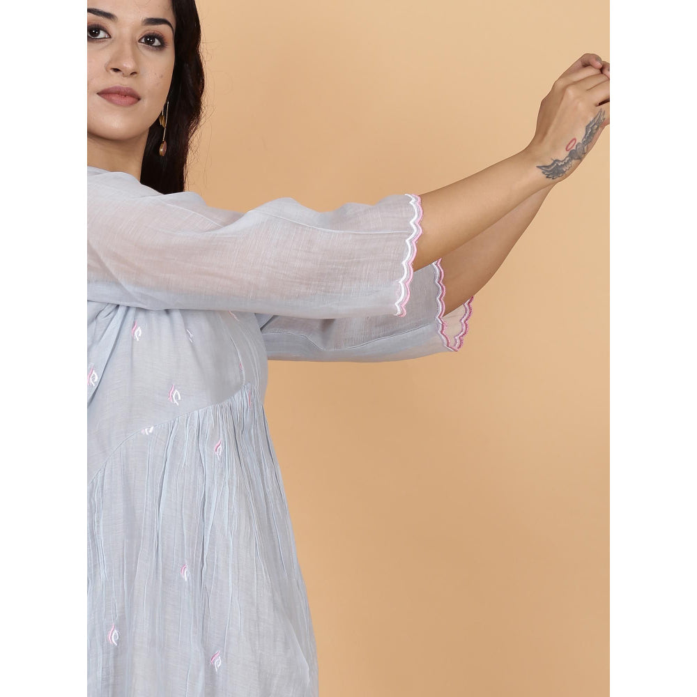 Spring Soul BlueChanderi Gathered Embroidery Dress