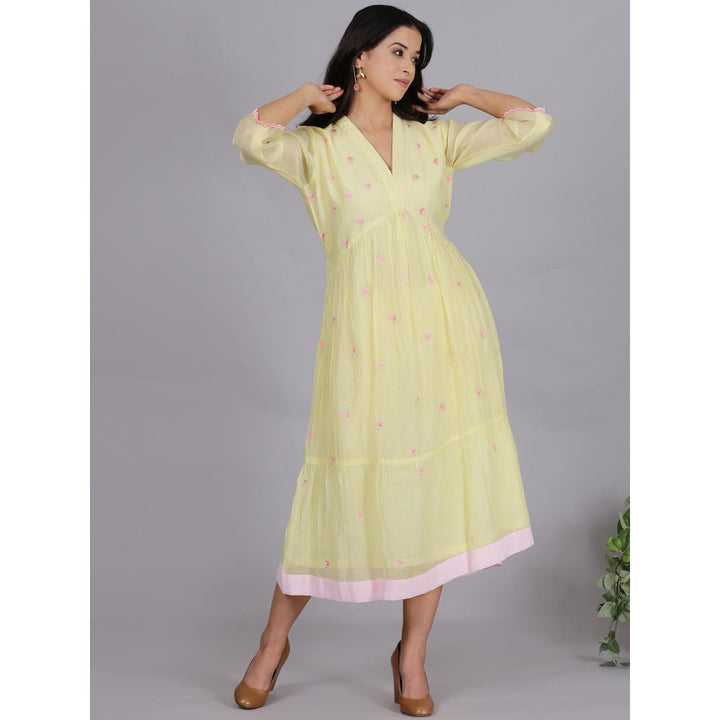 Spring Soul Yellow Chanderi Gathered Embroidery Dress