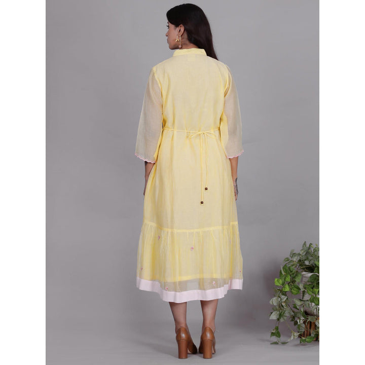 Spring Soul Yellow Chanderi Gathered Embroidery Dress