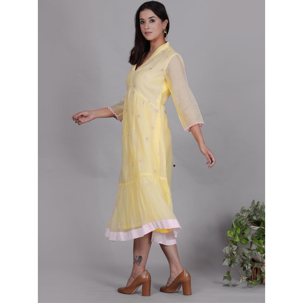 Spring Soul Yellow Chanderi Gathered Embroidery Dress