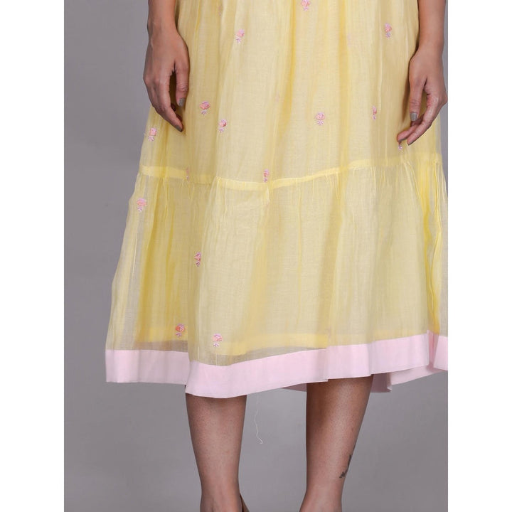 Spring Soul Yellow Chanderi Gathered Embroidery Dress