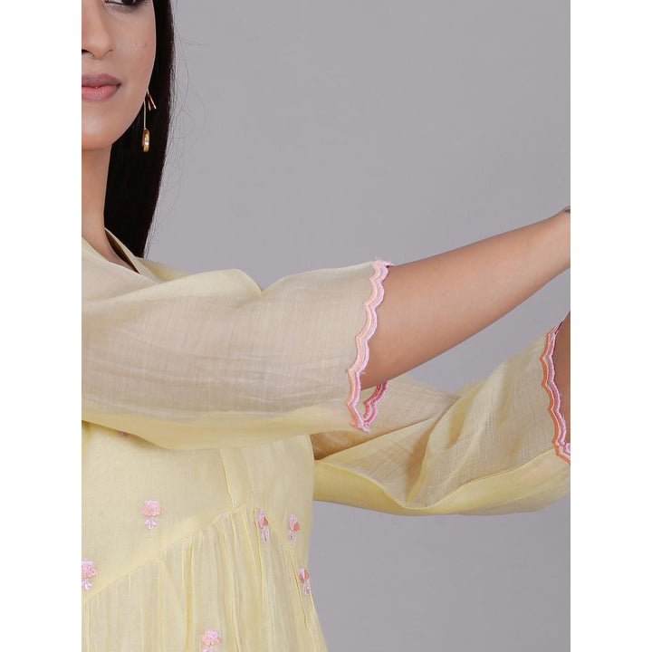 Spring Soul Yellow Chanderi Gathered Embroidery Dress