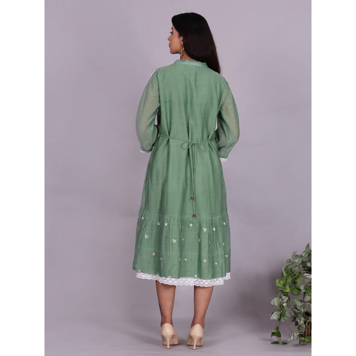 Spring Soul Green Chanderi Gathered Embroidery Dress