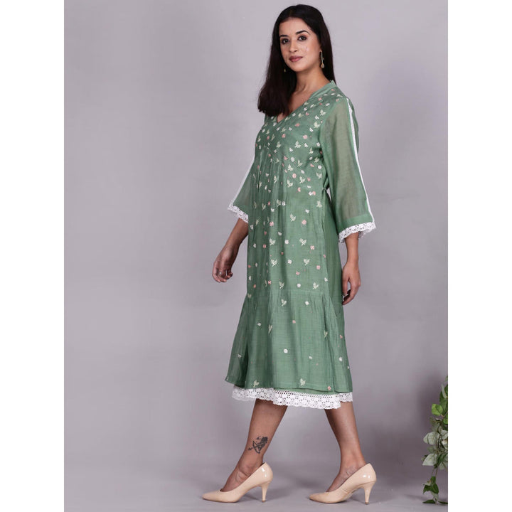 Spring Soul Green Chanderi Gathered Embroidery Dress