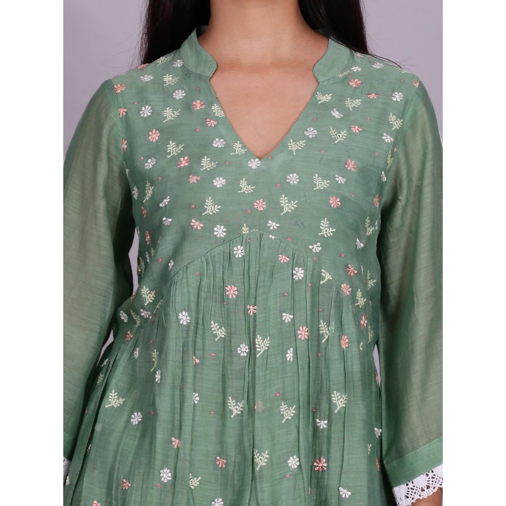 Spring Soul Green Chanderi Gathered Embroidery Dress