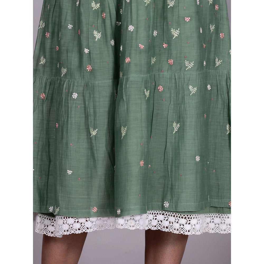 Spring Soul Green Chanderi Gathered Embroidery Dress