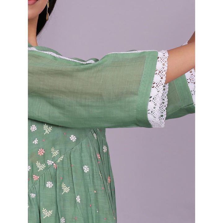 Spring Soul Green Chanderi Gathered Embroidery Dress