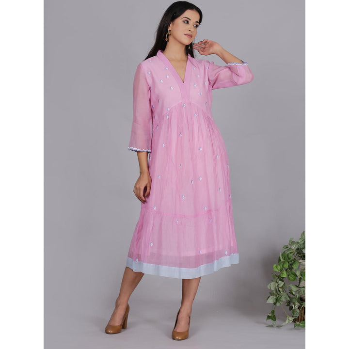 Spring Soul Pink Chanderi Gathered Embroidery Dress