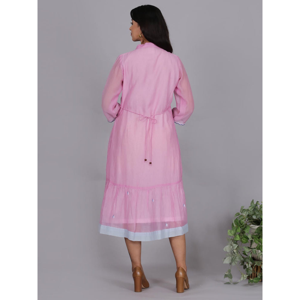 Spring Soul Pink Chanderi Gathered Embroidery Dress