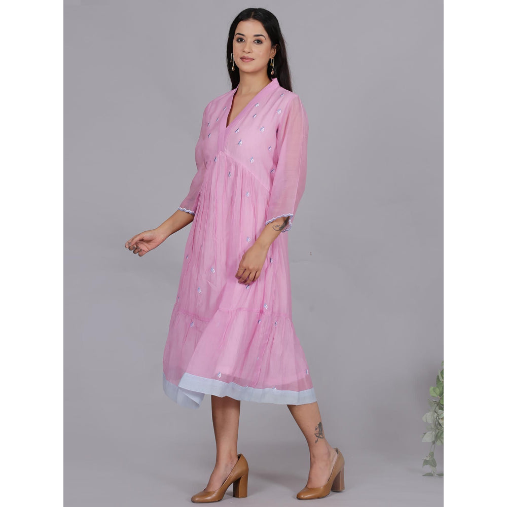 Spring Soul Pink Chanderi Gathered Embroidery Dress