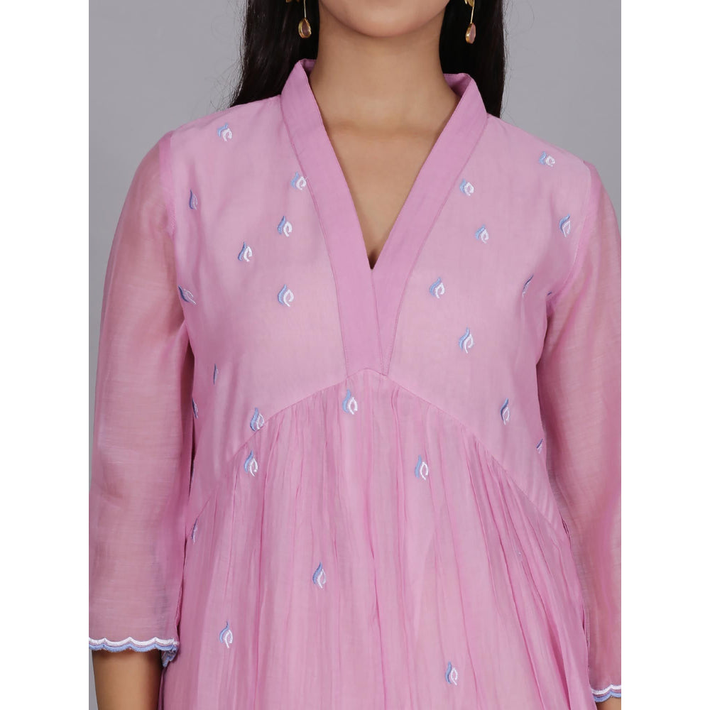 Spring Soul Pink Chanderi Gathered Embroidery Dress