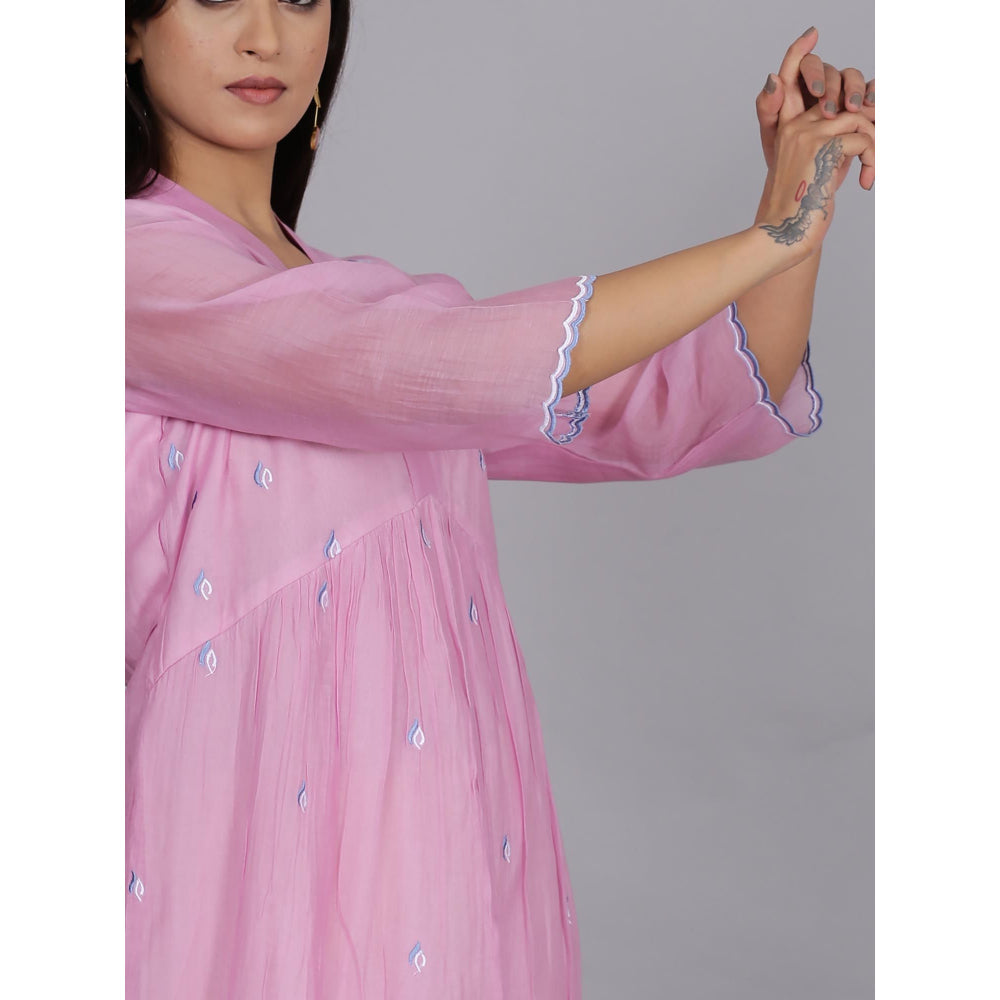 Spring Soul Pink Chanderi Gathered Embroidery Dress