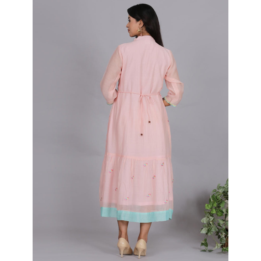 Spring Soul Peach Chanderi Gathered Embroidery Dress