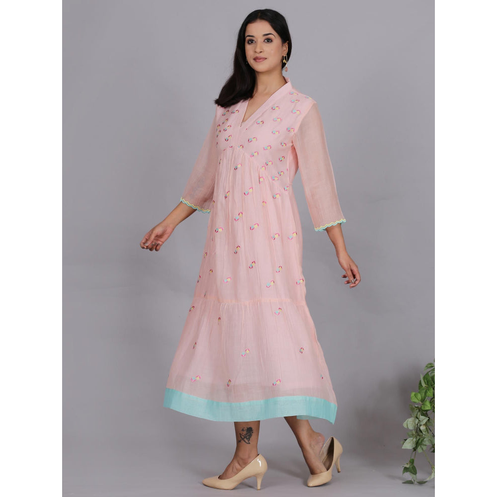 Spring Soul Peach Chanderi Gathered Embroidery Dress