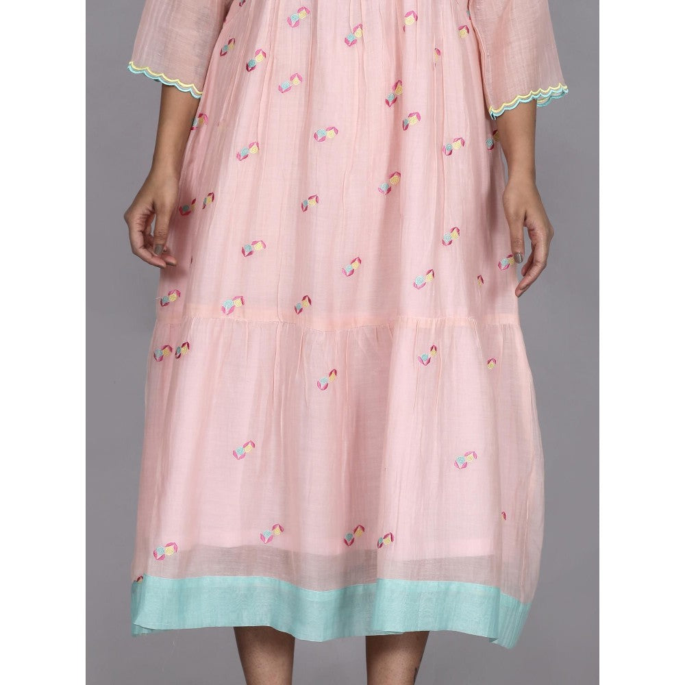 Spring Soul Peach Chanderi Gathered Embroidery Dress