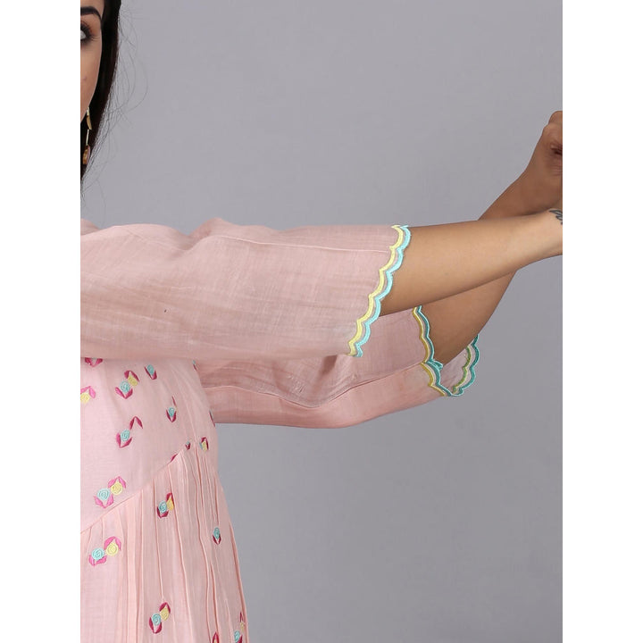 Spring Soul Peach Chanderi Gathered Embroidery Dress