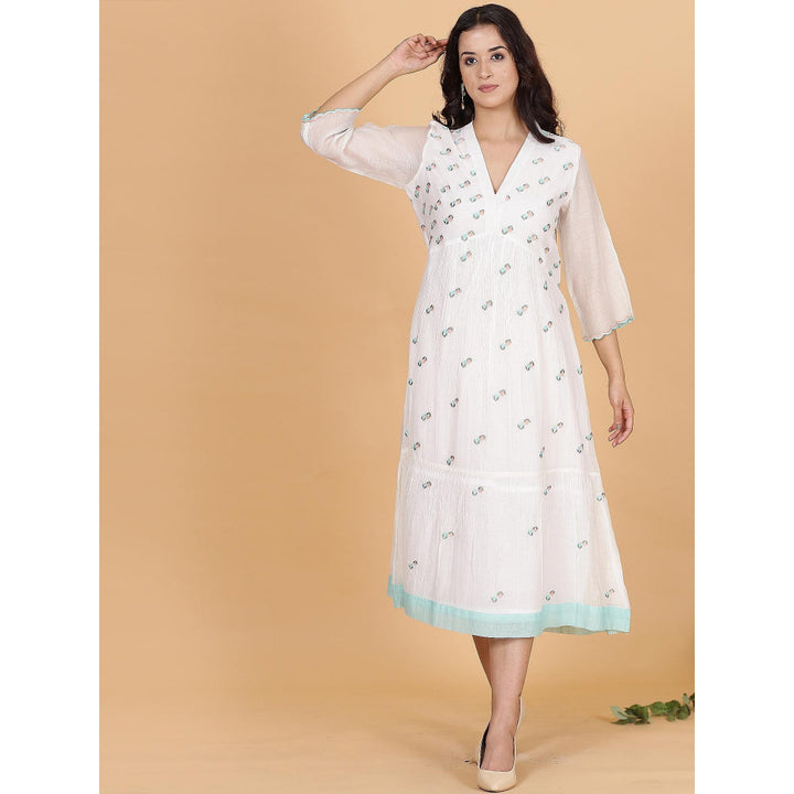 Spring Soul White Chanderi Gathered Embroidery Dress