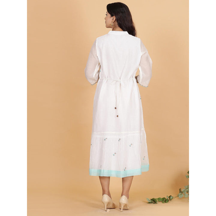 Spring Soul White Chanderi Gathered Embroidery Dress