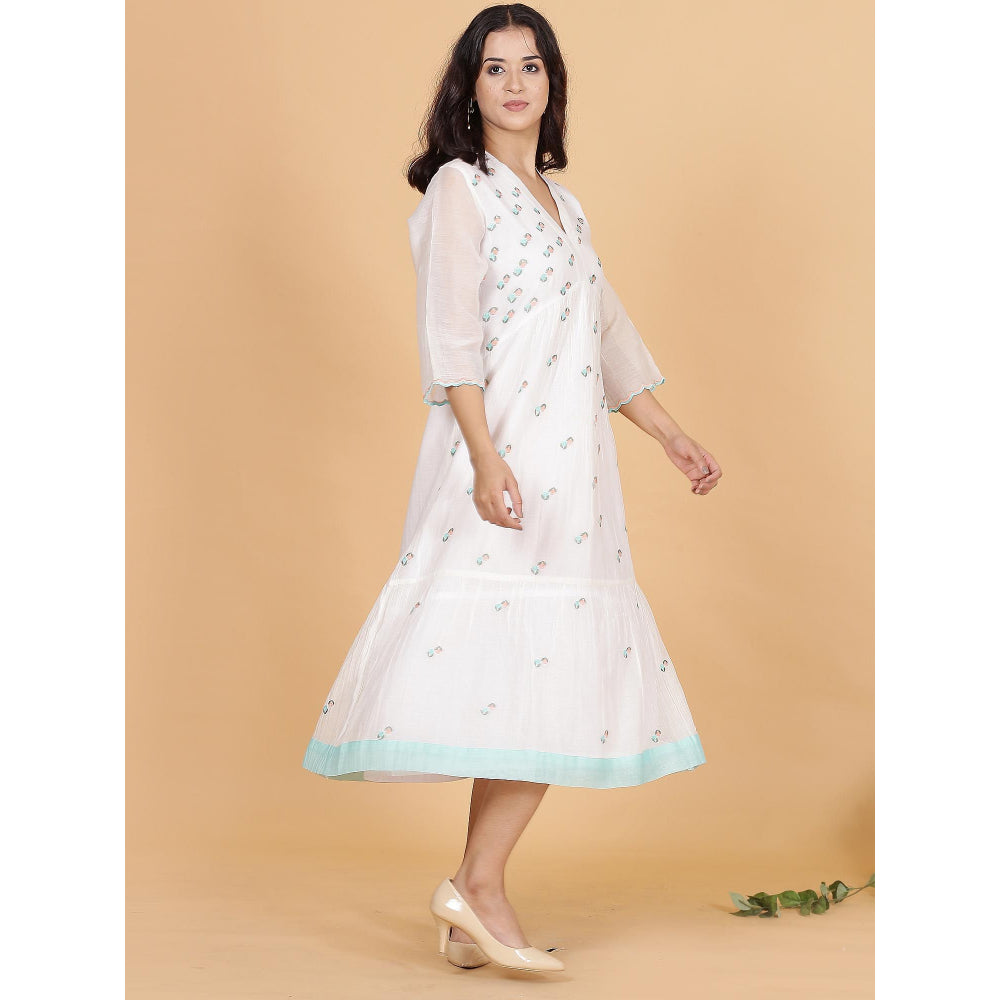 Spring Soul White Chanderi Gathered Embroidery Dress