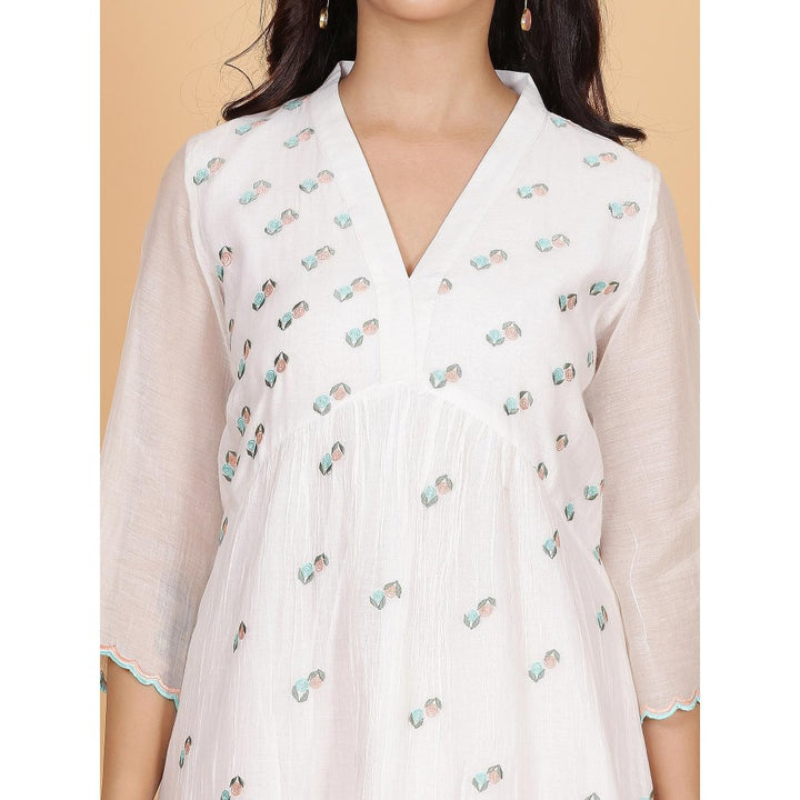 Spring Soul White Chanderi Gathered Embroidery Dress