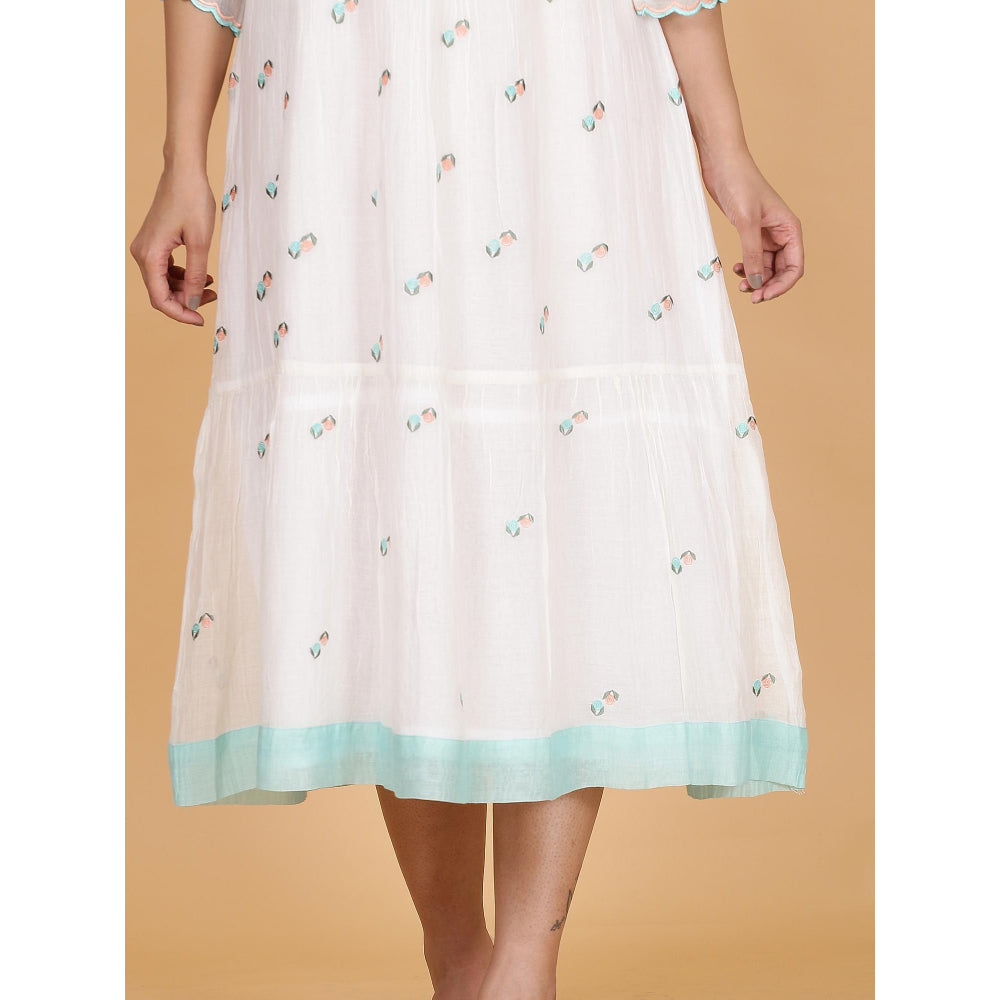 Spring Soul White Chanderi Gathered Embroidery Dress