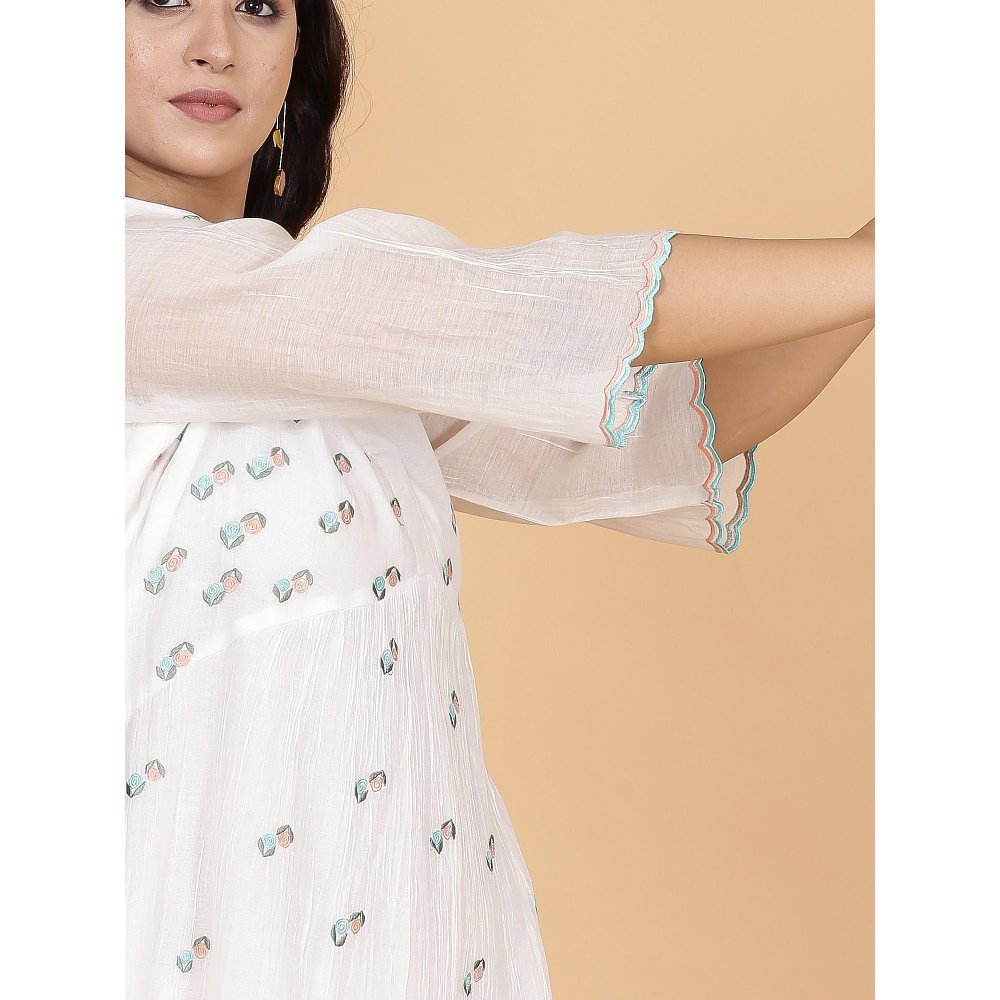 Spring Soul White Chanderi Gathered Embroidery Dress