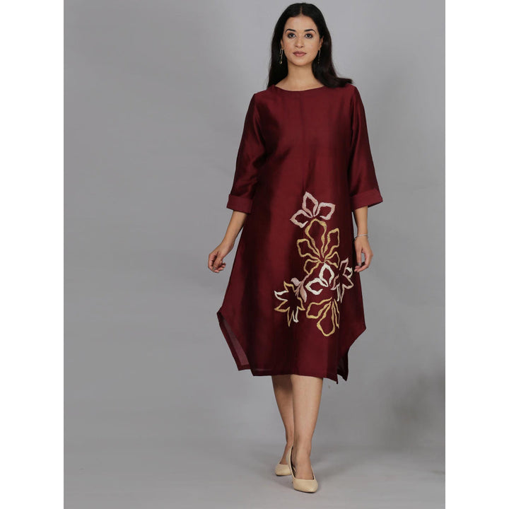 Spring Soul Maroon Chanderi A-Line Dress with Inner (Set of 2)