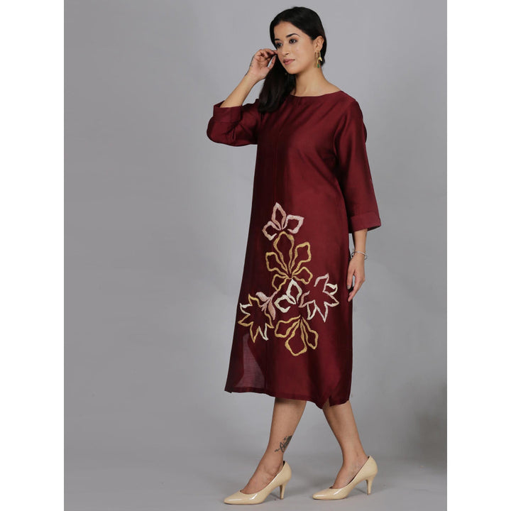 Spring Soul Maroon Chanderi A-Line Dress with Inner (Set of 2)