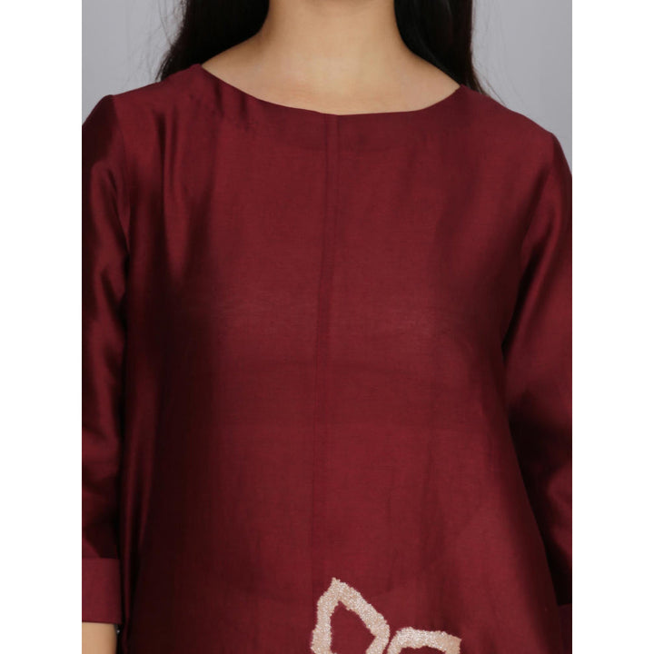 Spring Soul Maroon Chanderi A-Line Dress with Inner (Set of 2)