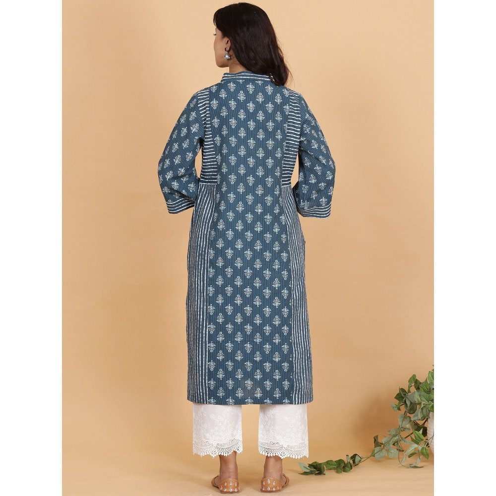 Spring Soul Kantha Blue Panelled A-Line Kurta