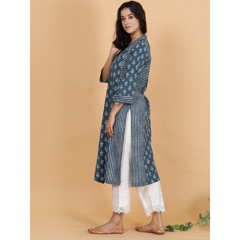 Spring Soul Kantha Blue Panelled A-Line Kurta