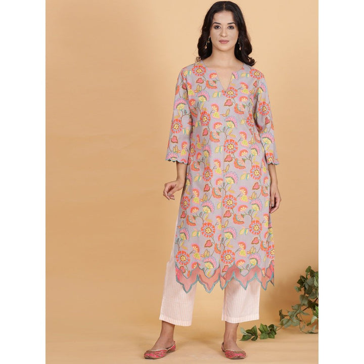 Spring Soul Grey Floral Printed Kurta With Organza Detailing