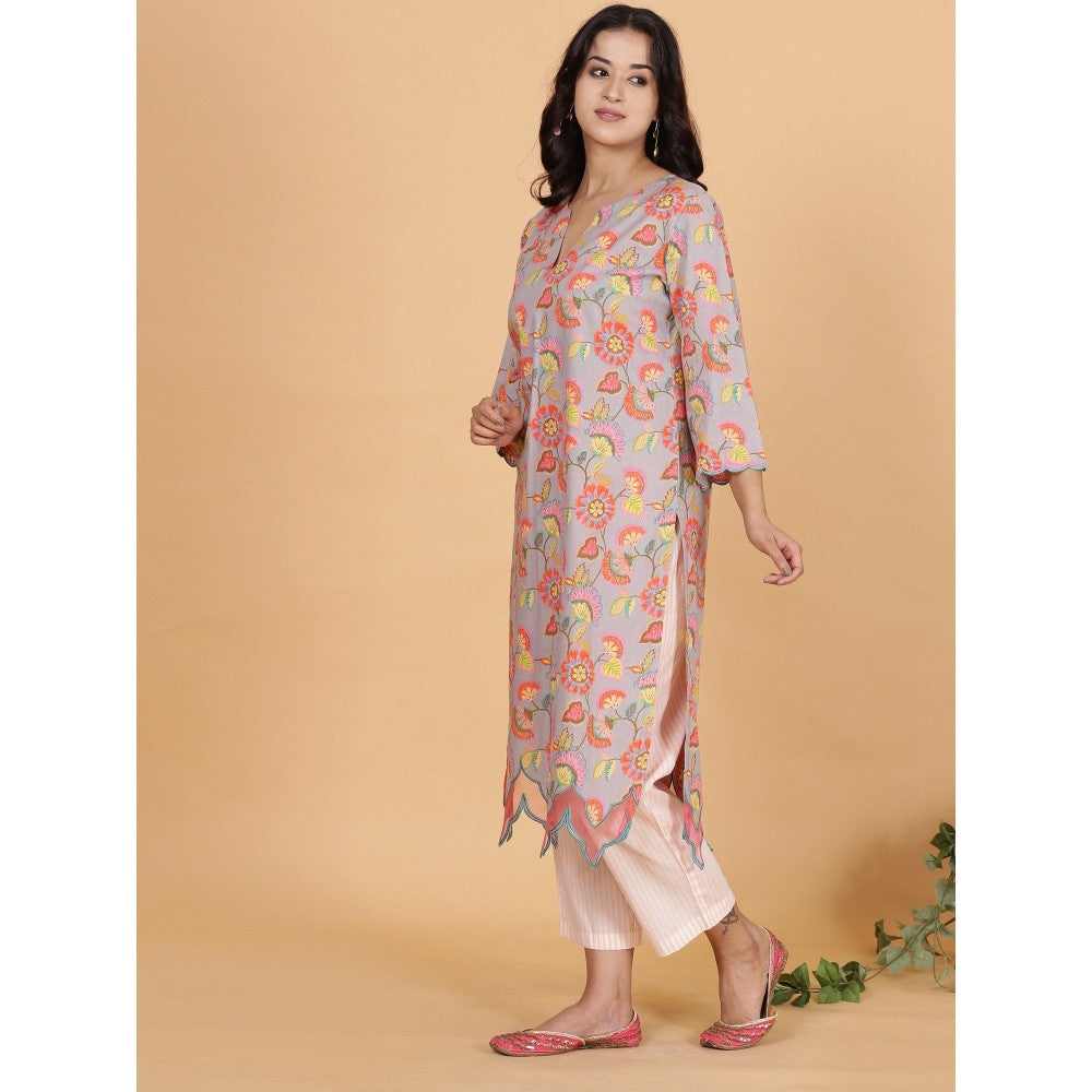 Spring Soul Grey Floral Printed Kurta With Organza Detailing