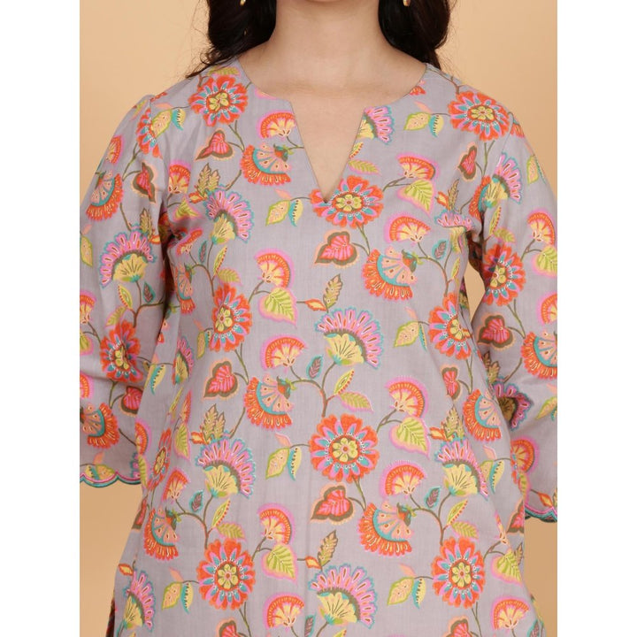 Spring Soul Grey Floral Printed Kurta With Organza Detailing