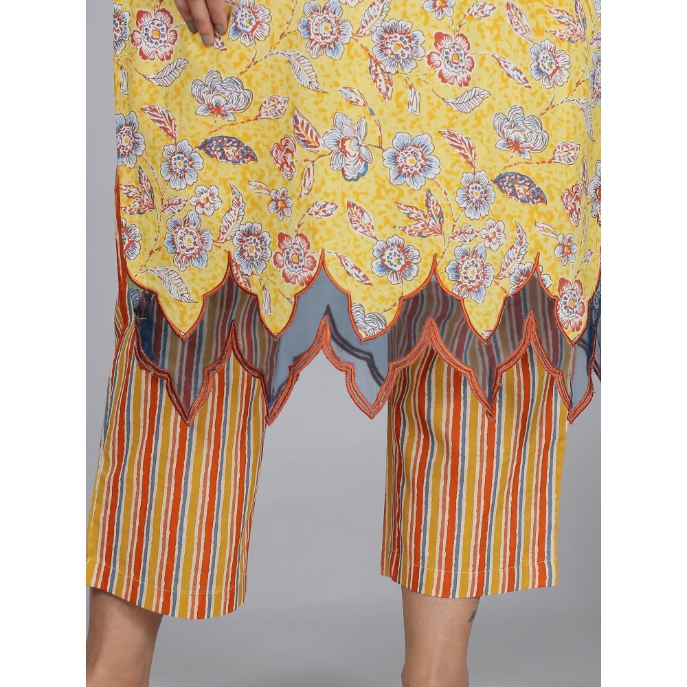 Spring Soul Yellow Floral Printed Kurta With Organza Detailing