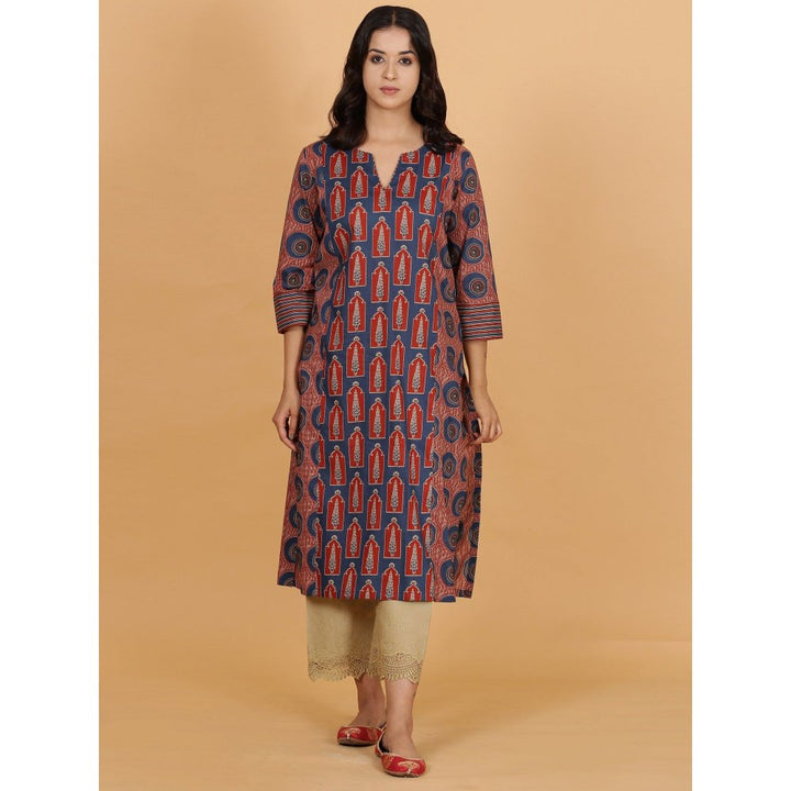 Spring Soul Blue Red Printed Cotton Side Panelled A-Line Kurta