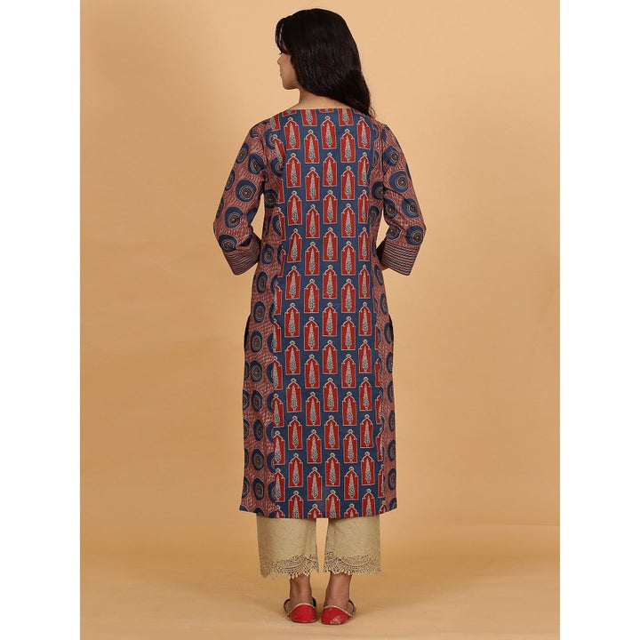 Spring Soul Blue Red Printed Cotton Side Panelled A-Line Kurta