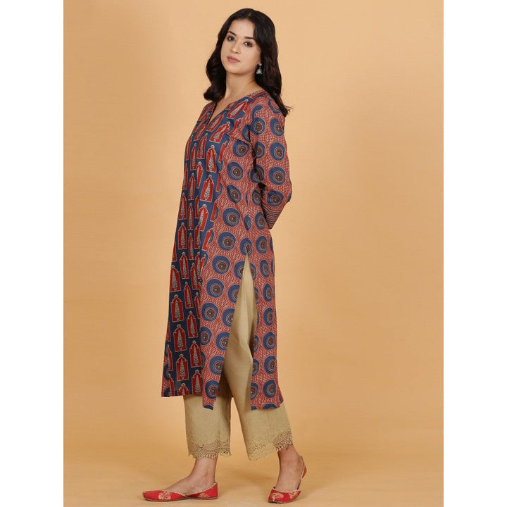 Spring Soul Blue Red Printed Cotton Side Panelled A-Line Kurta