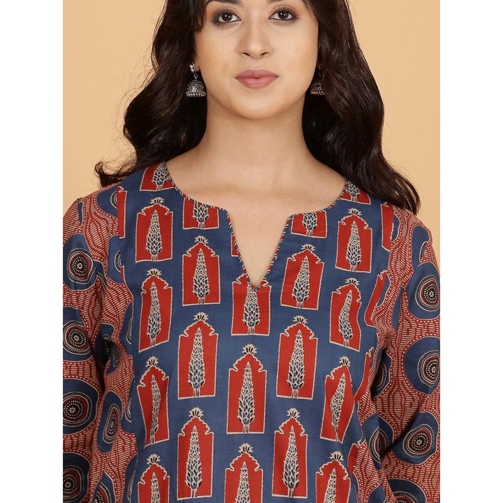 Spring Soul Blue Red Printed Cotton Side Panelled A-Line Kurta